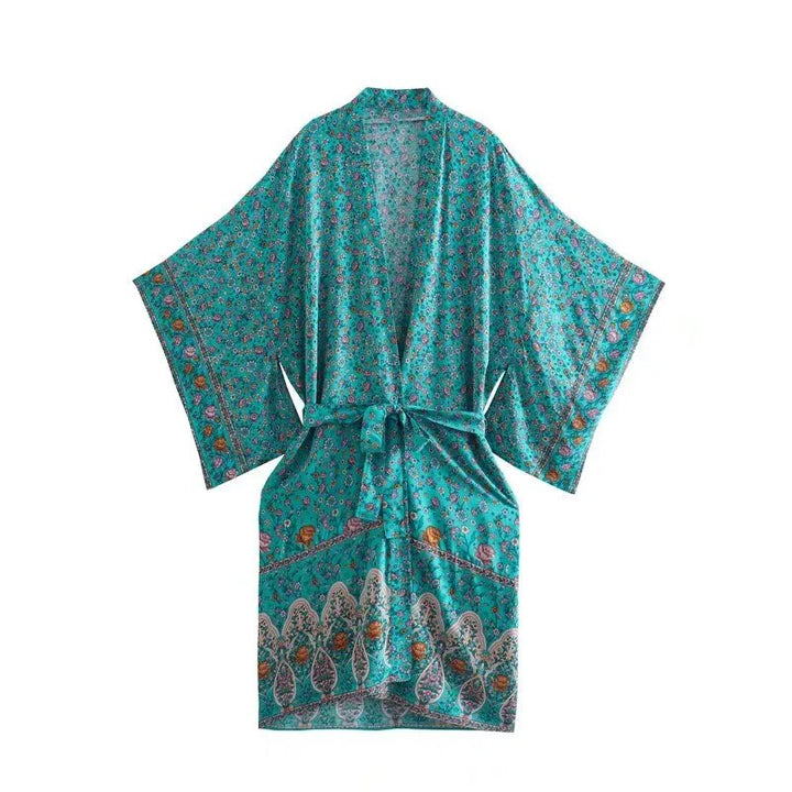 Aquamarine Boho Floral Bat Sleeve Kimono