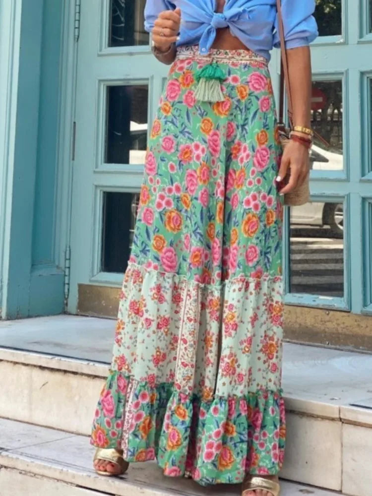 Boho Ruffle Loose A-Line Maxi Skirt – Ankle-Length Bohemian Chic