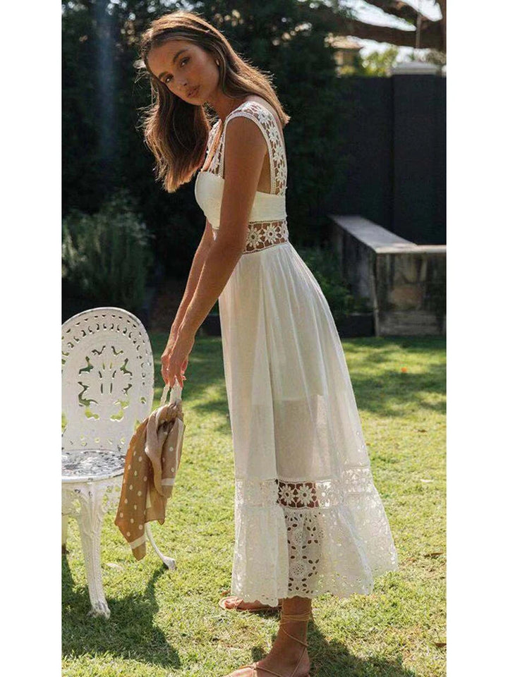 White Bohemian Lace-Trimmed Beach Dress