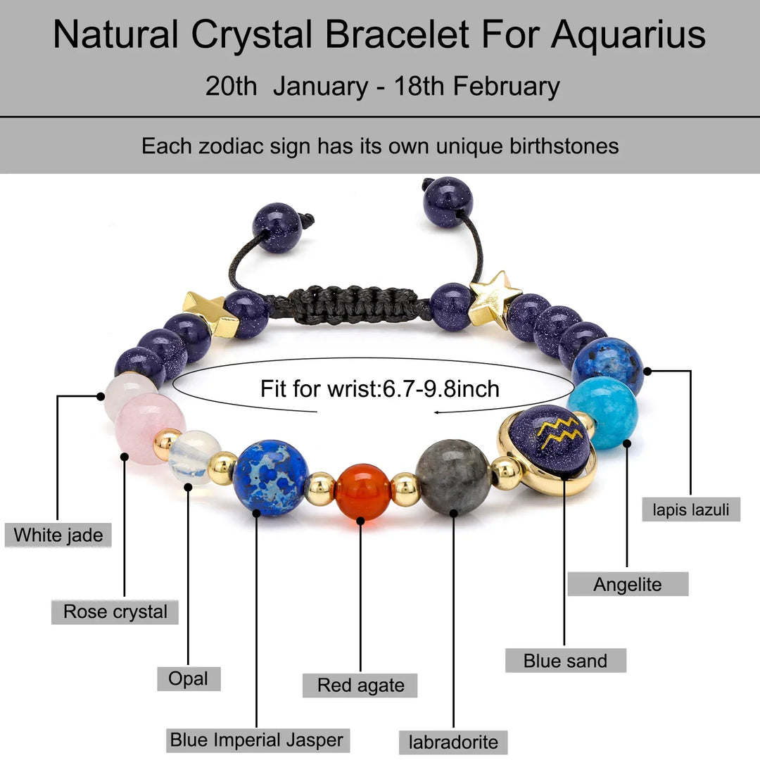 12 Constellation Signs Bracelet with Zodiac Card - Natural Stone Adjustable Rope Bracelet