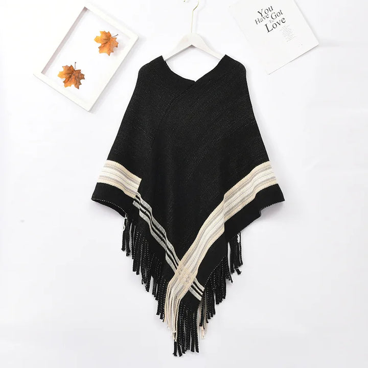 Diagonal Stripe Pullover Tassel Poncho Cape