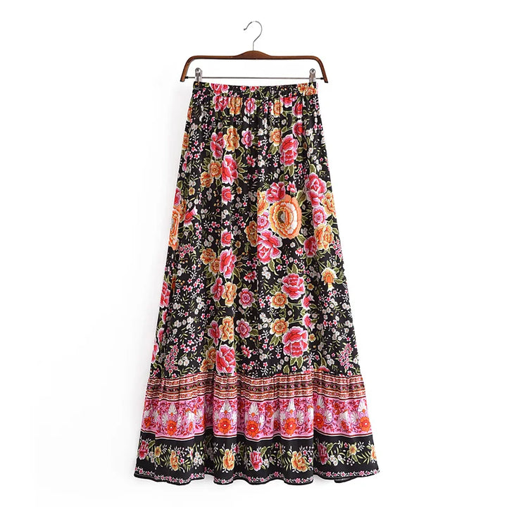 Black Floral Print Pleated Maxi Skirt