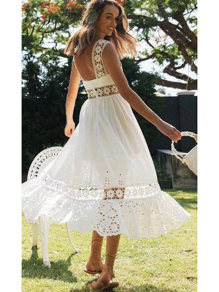 White Bohemian Lace-Trimmed Beach Dress