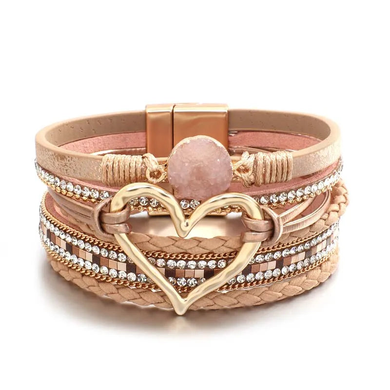 Multilayer Leather Heart Cuff Bracelet