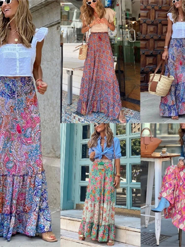 Boho Ruffle Loose A-Line Maxi Skirt – Ankle-Length Bohemian Chic