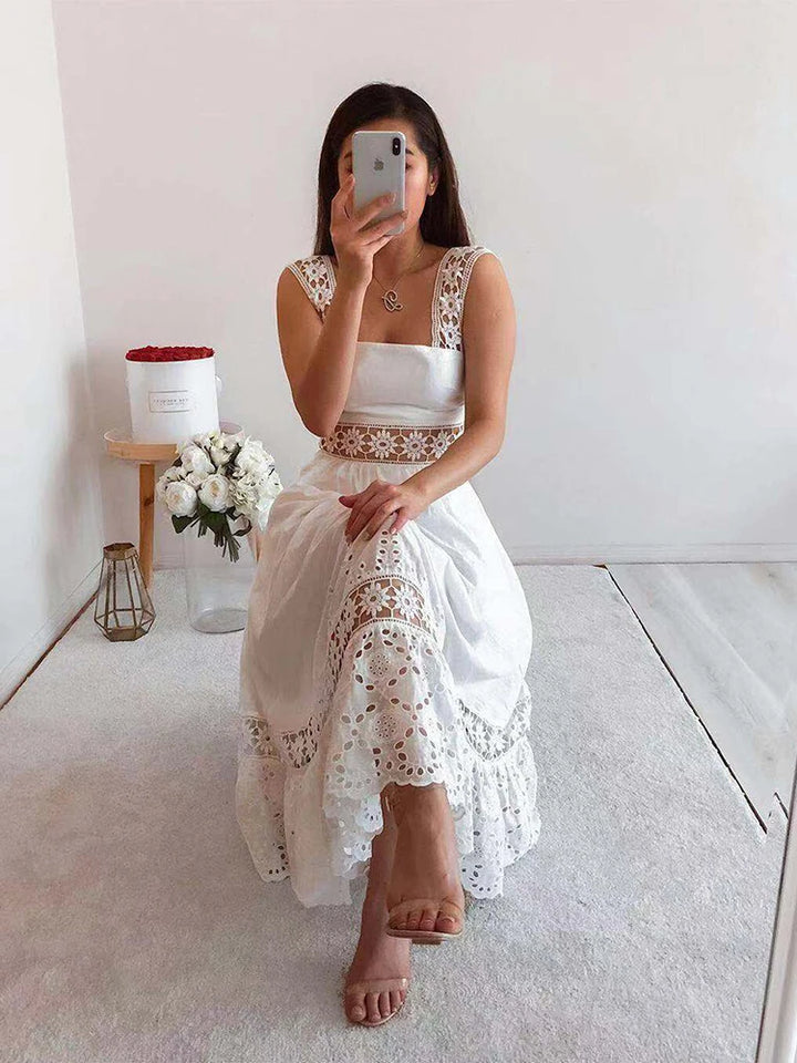 White Bohemian Lace-Trimmed Beach Dress