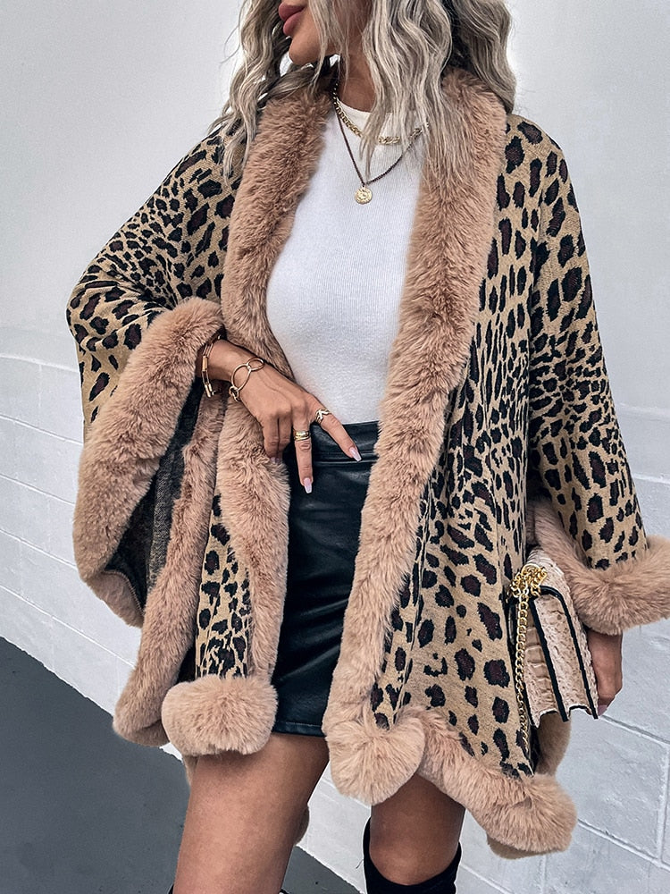 Fur Collar Leopard Poncho