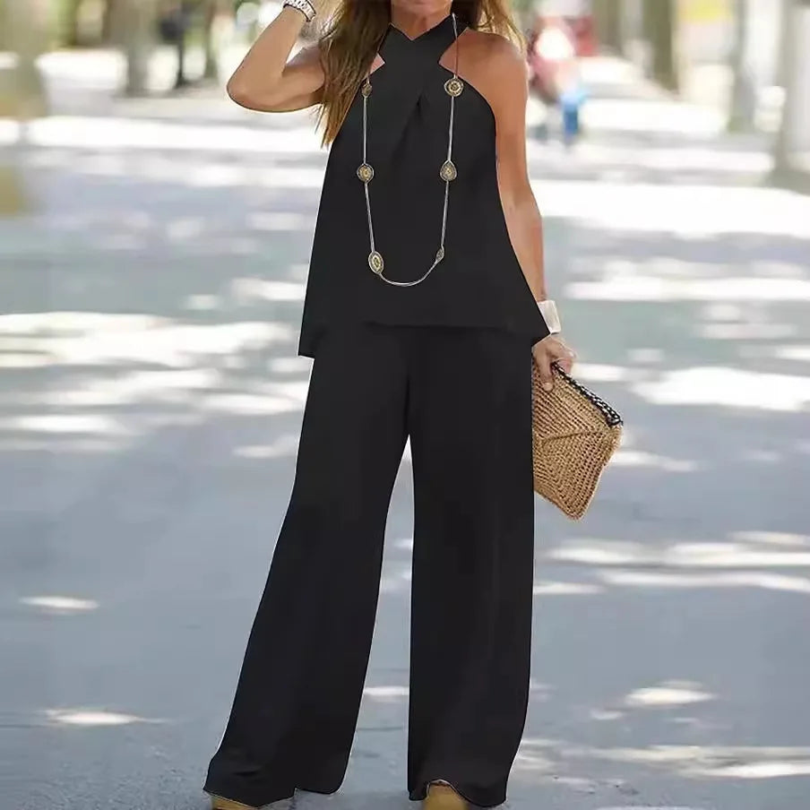 Boho Chic Two-Piece Halter Blouse & Wide Leg Pant Set