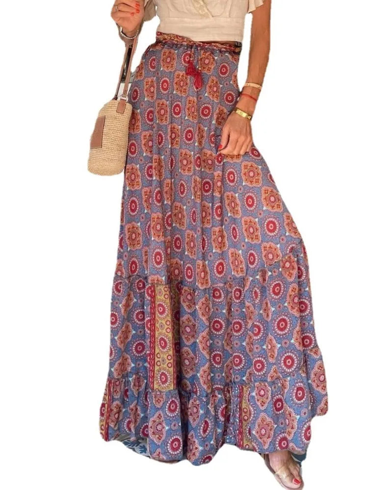 Boho Ruffle Loose A-Line Maxi Skirt – Ankle-Length Bohemian Chic