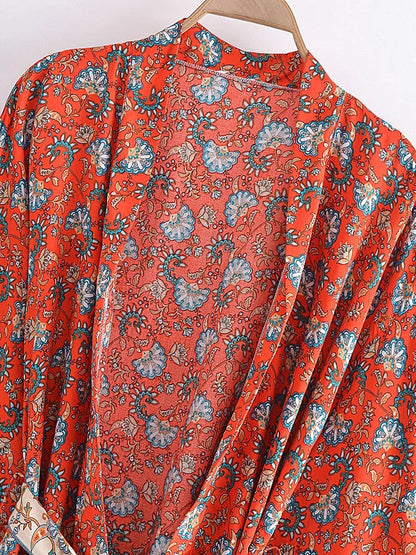 Crimson Boho Floral Bat Sleeve  Kimono