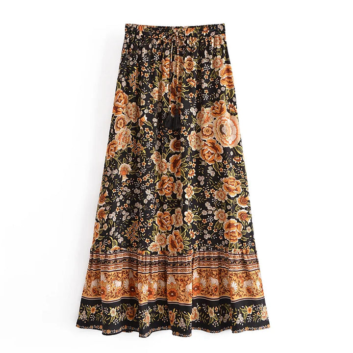 Black Floral Print Pleated Maxi Skirt