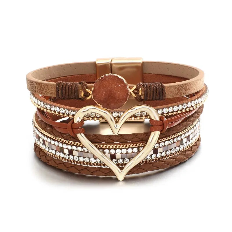 Multilayer Leather Heart Cuff Bracelet