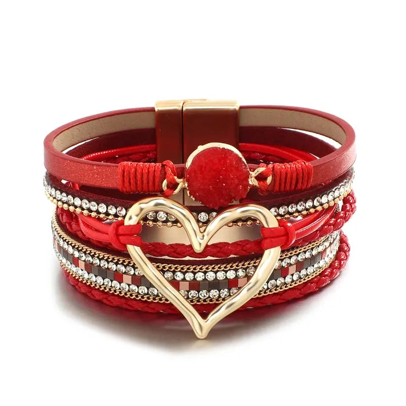 Multilayer Leather Heart Cuff Bracelet