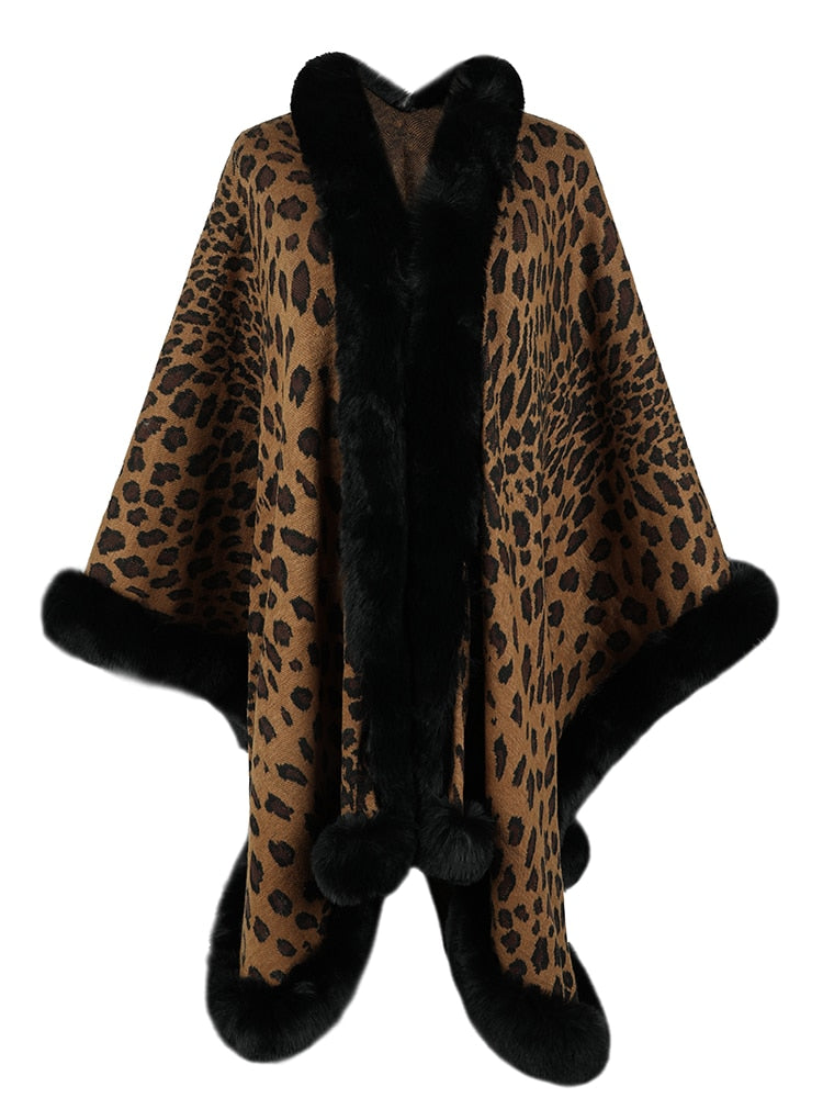 Fur Collar Leopard Poncho