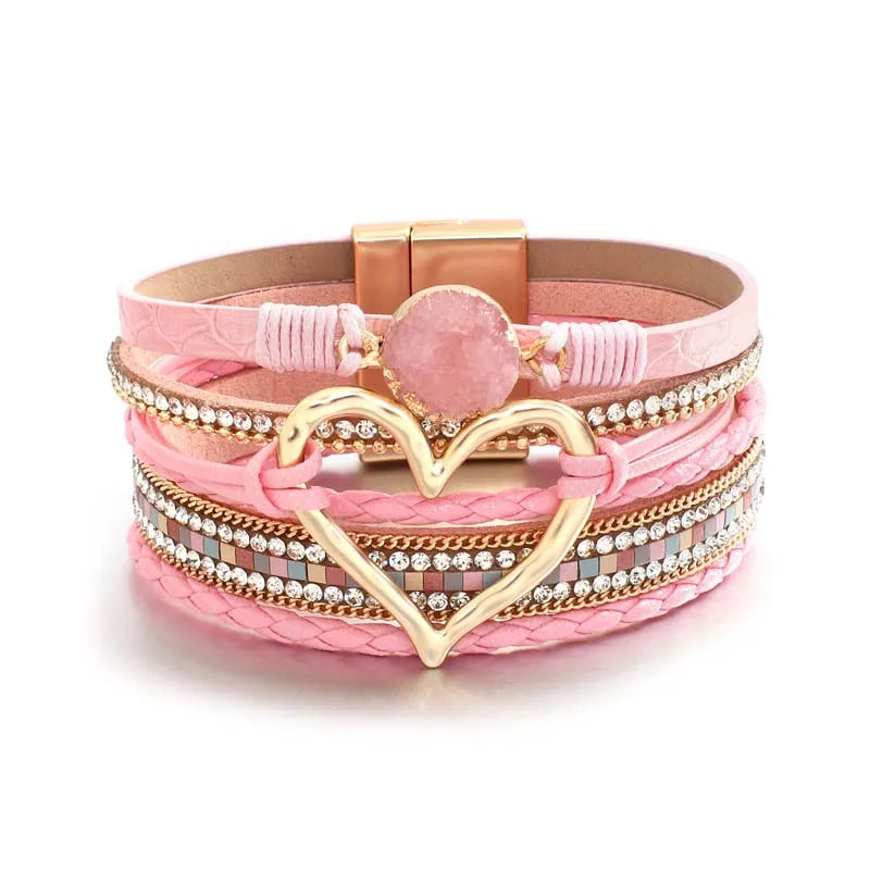 Multilayer Leather Heart Cuff Bracelet