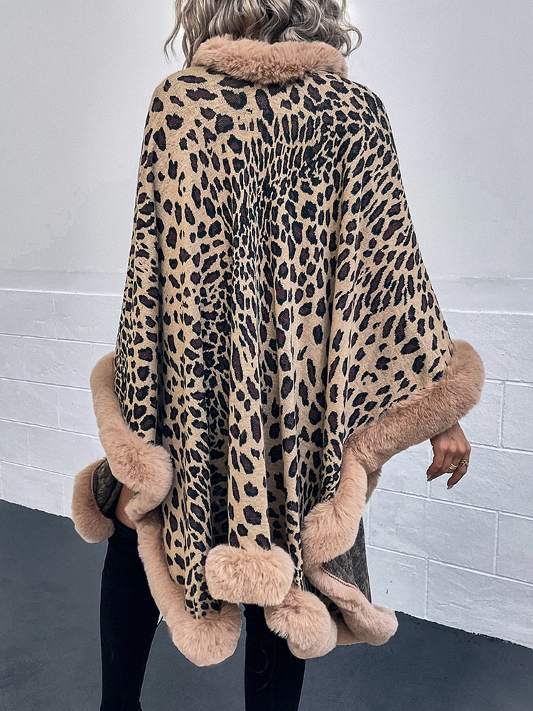 Fur Collar Leopard Poncho