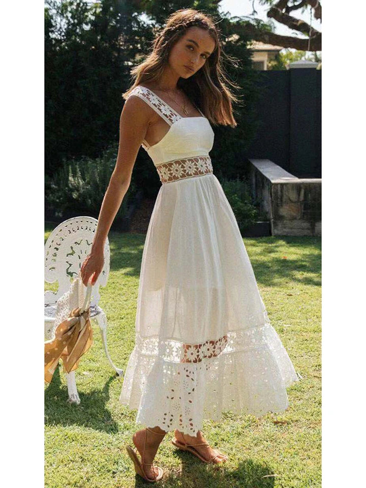 White Bohemian Lace-Trimmed Beach Dress