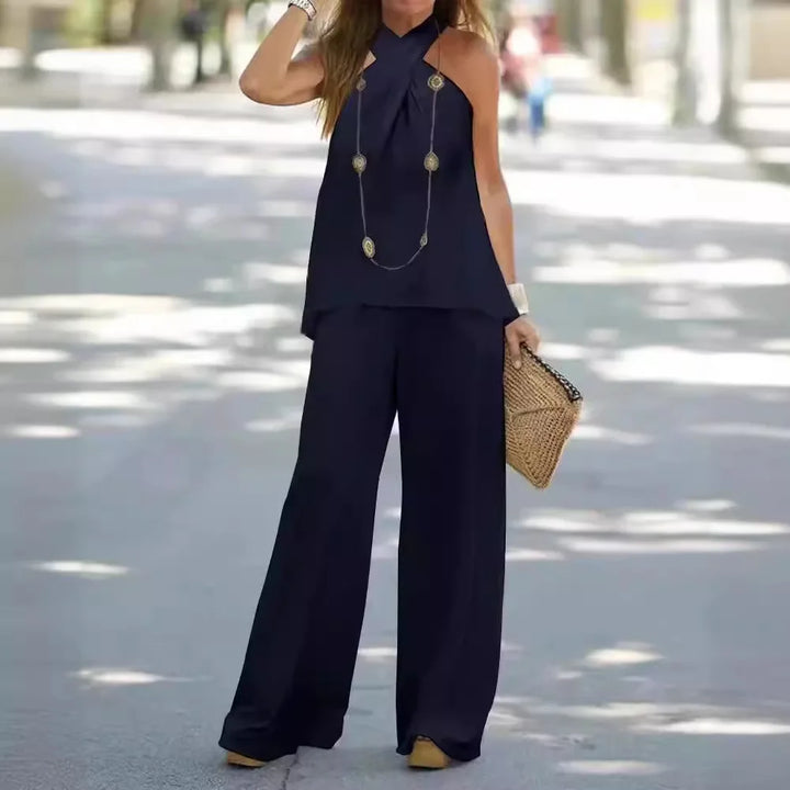 Boho Chic Two-Piece Halter Blouse & Wide Leg Pant Set