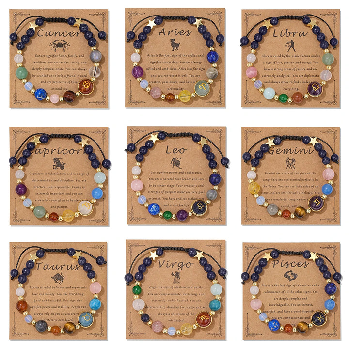 12 Constellation Signs Bracelet with Zodiac Card - Natural Stone Adjustable Rope Bracelet