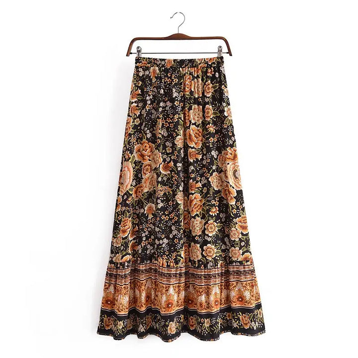 Black Floral Print Pleated Maxi Skirt