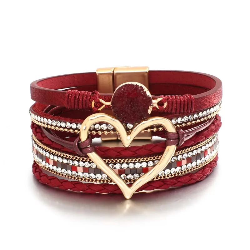 Multilayer Leather Heart Cuff Bracelet