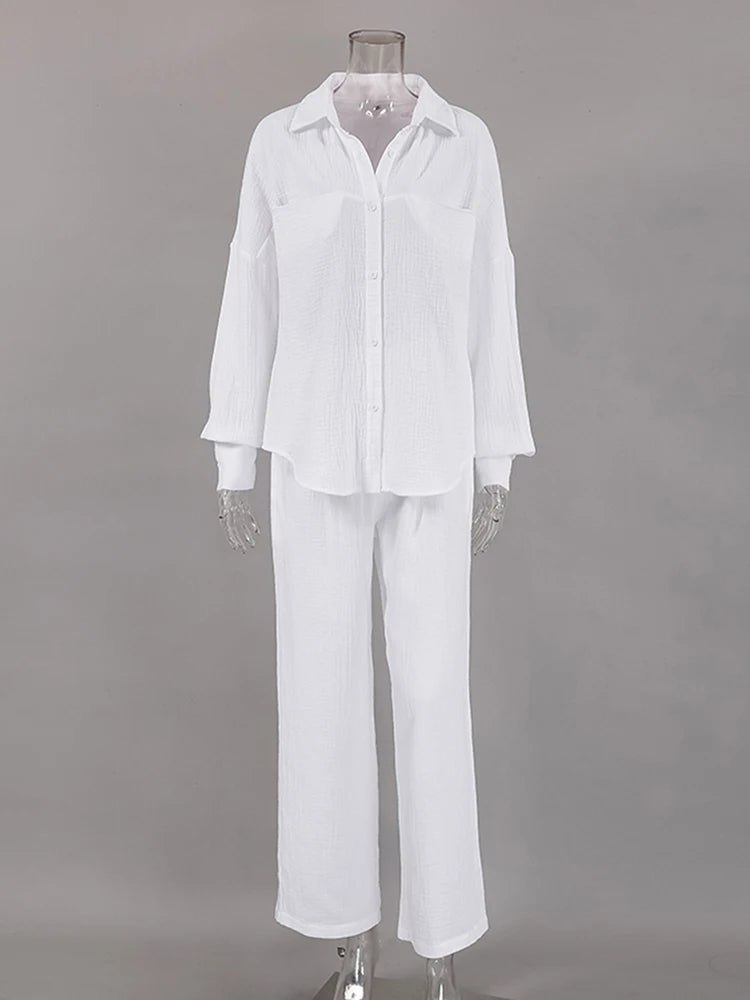 Casual Slim White Pants Suit with Pockets