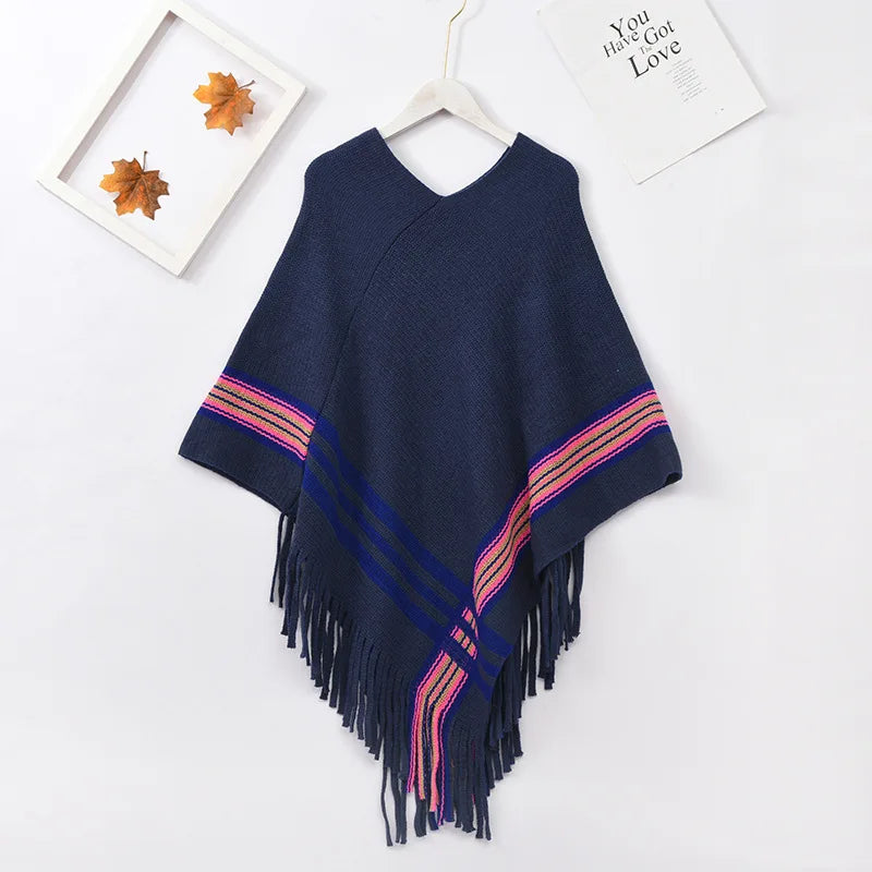 Diagonal Stripe Pullover Tassel Poncho Cape