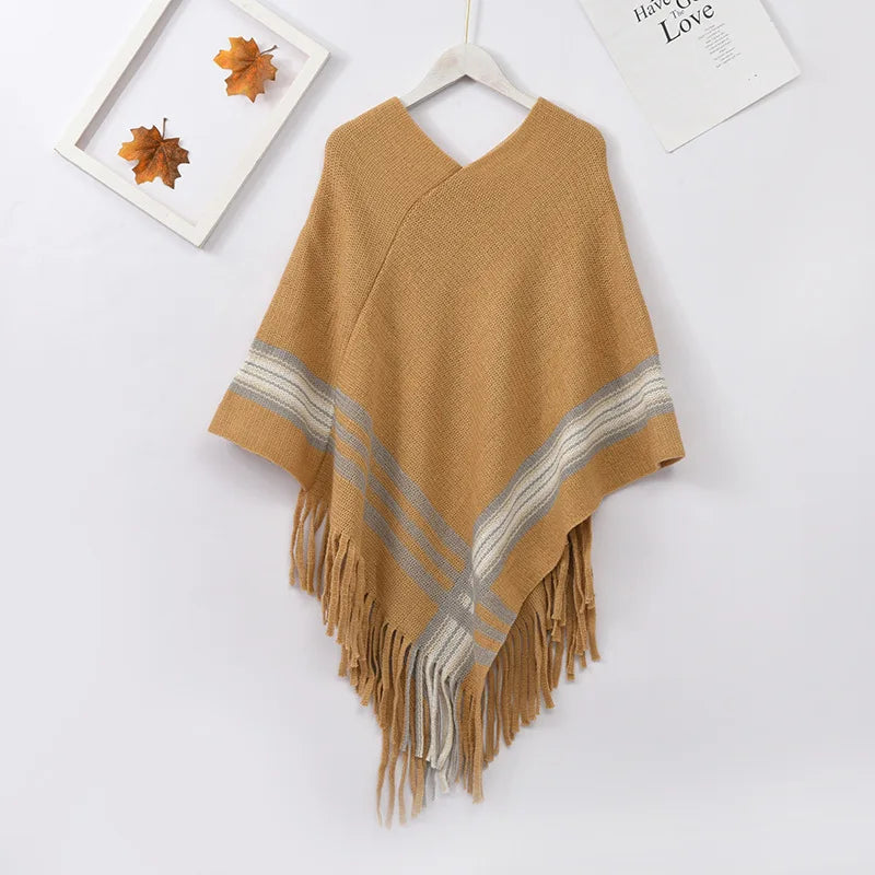 Diagonal Stripe Pullover Tassel Poncho Cape