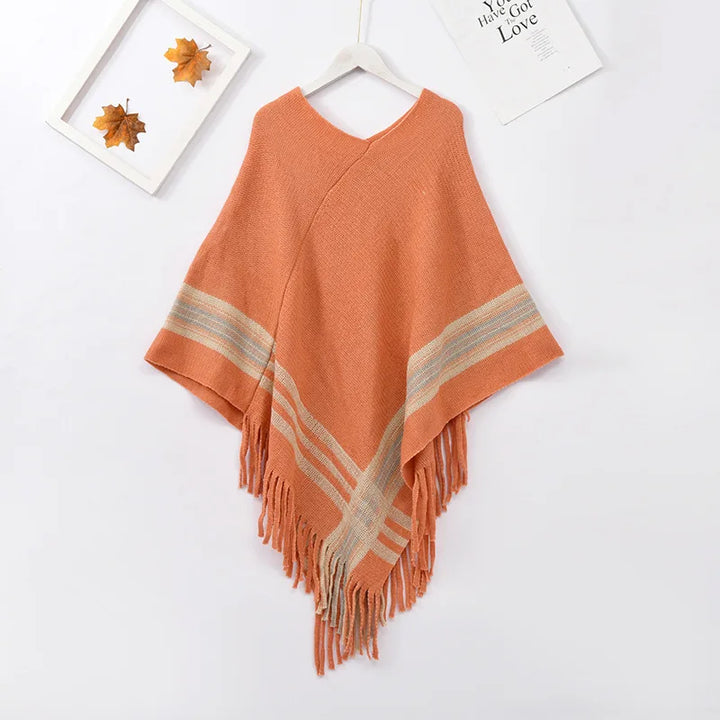 Diagonal Stripe Pullover Tassel Poncho Cape