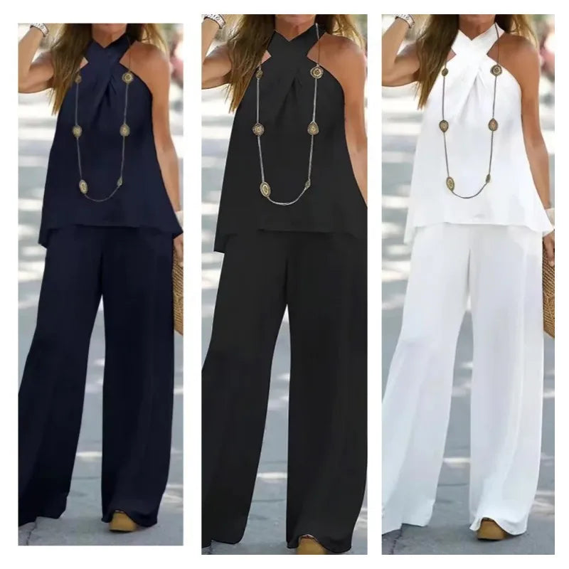 Boho Chic Two-Piece Halter Blouse & Wide Leg Pant Set