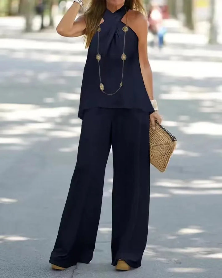 Boho Chic Two-Piece Halter Blouse & Wide Leg Pant Set