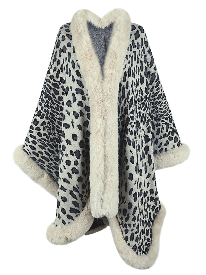 Fur Collar Leopard Poncho