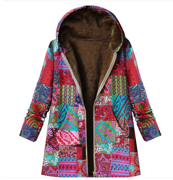 Bohemian Patchwork Hooded Jacket- Red SIZE SMALL*