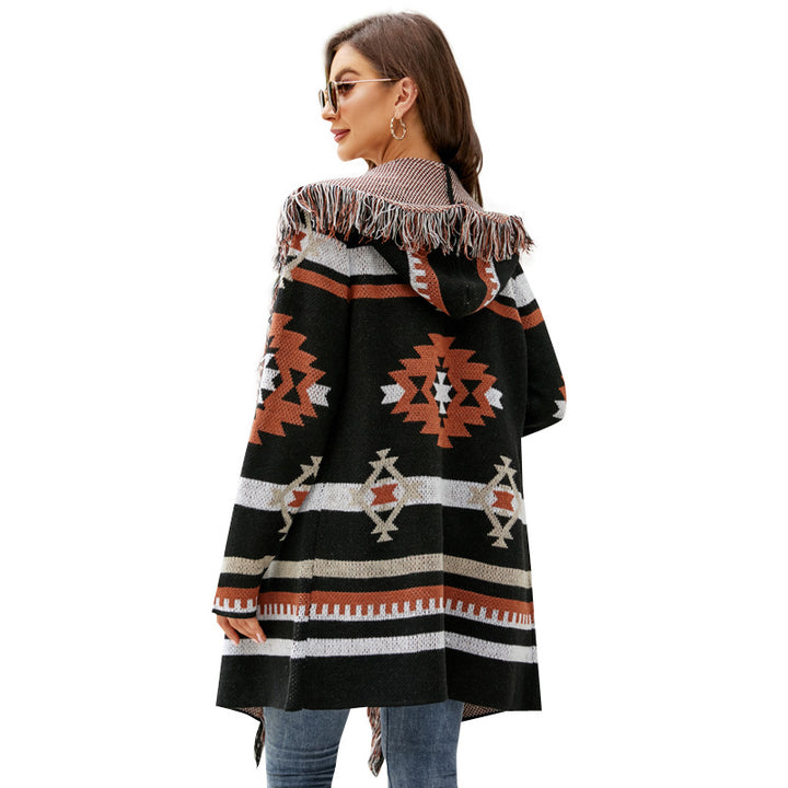 Geometric Chic & Cozy Hooded Tassell Cardigan