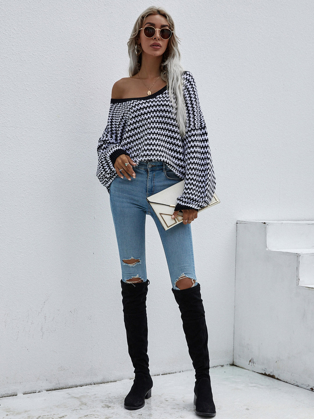 Boho Chic V-Neck Striped Jumper Oversized & Cozy