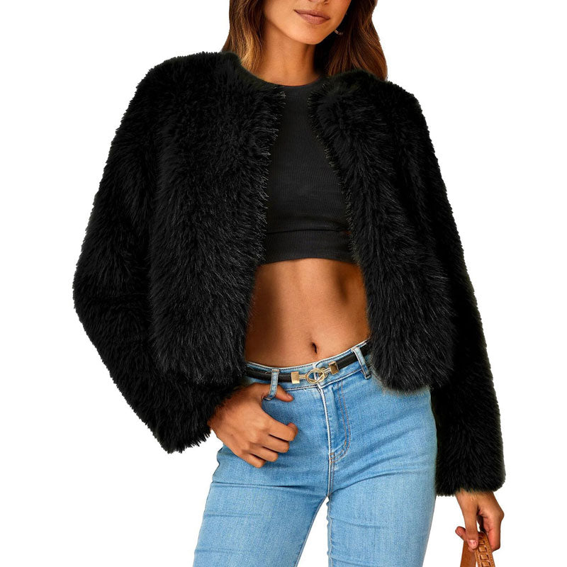 Cozy Chic Faux Fur Crew Neck Jacket with Pockets