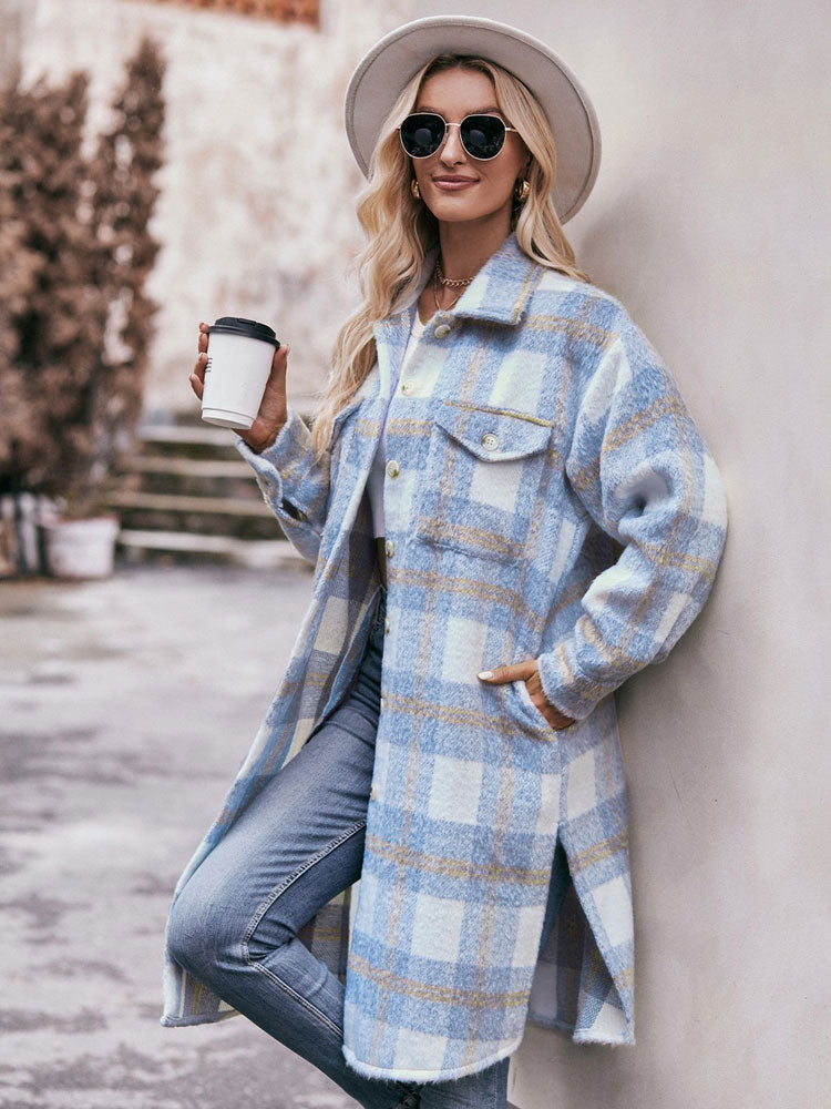 Plaid Print Long Cardigan Coat TELW