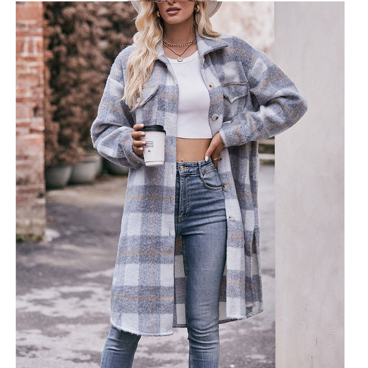 Plaid Print Long Cardigan Coat TELW