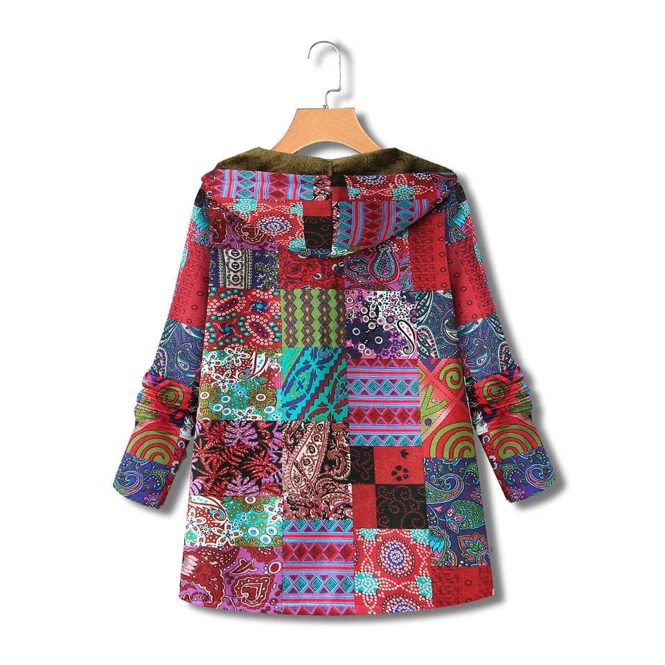 Bohemian Patchwork Hooded Jacket- Red SIZE SMALL*