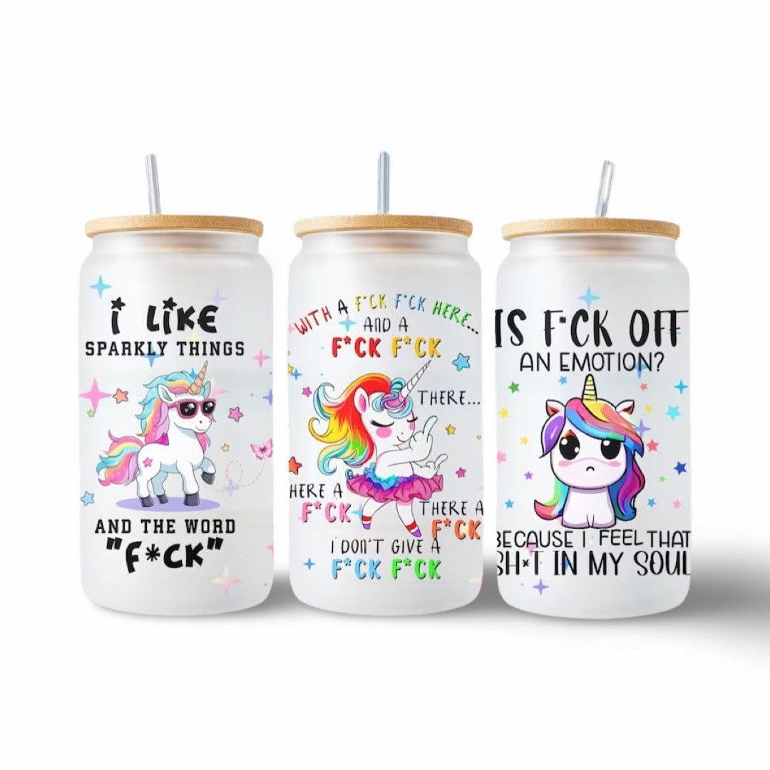 Sweary Unicorn Frosted Glass Tumbler with Bamboo Lid