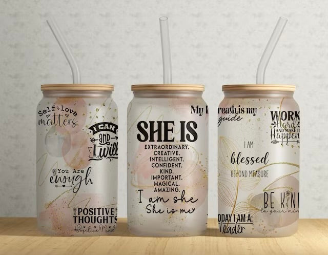 She is Extraordinary Frosted Glass Tumbler with Bamboo Lid
