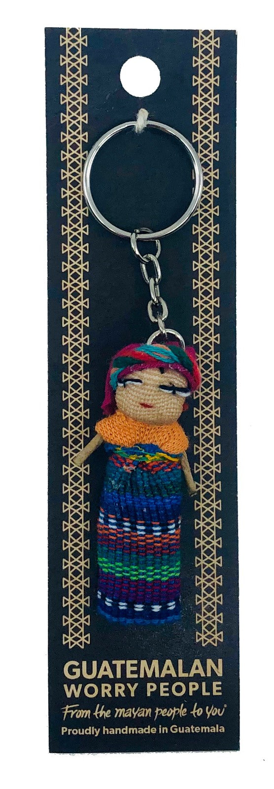 Guatemalan Hand Made Worry Doll KEY RING on a Display Card