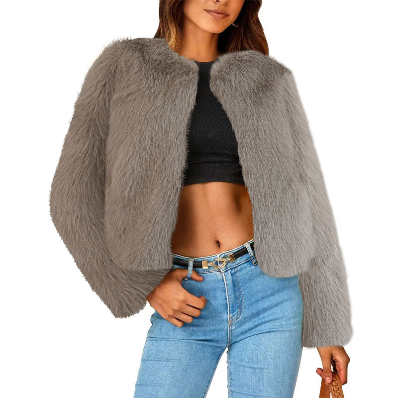 Cozy Chic Faux Fur Crew Neck Jacket with Pockets