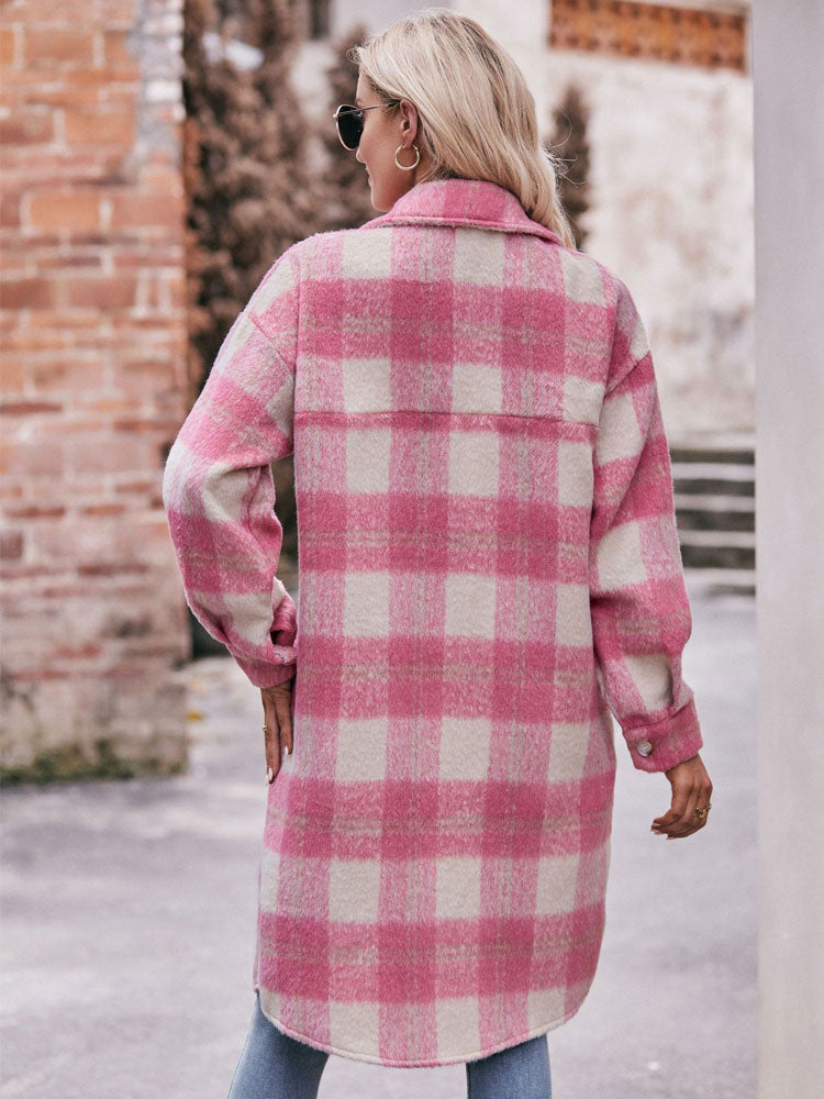 Plaid Print Long Cardigan Coat TELW