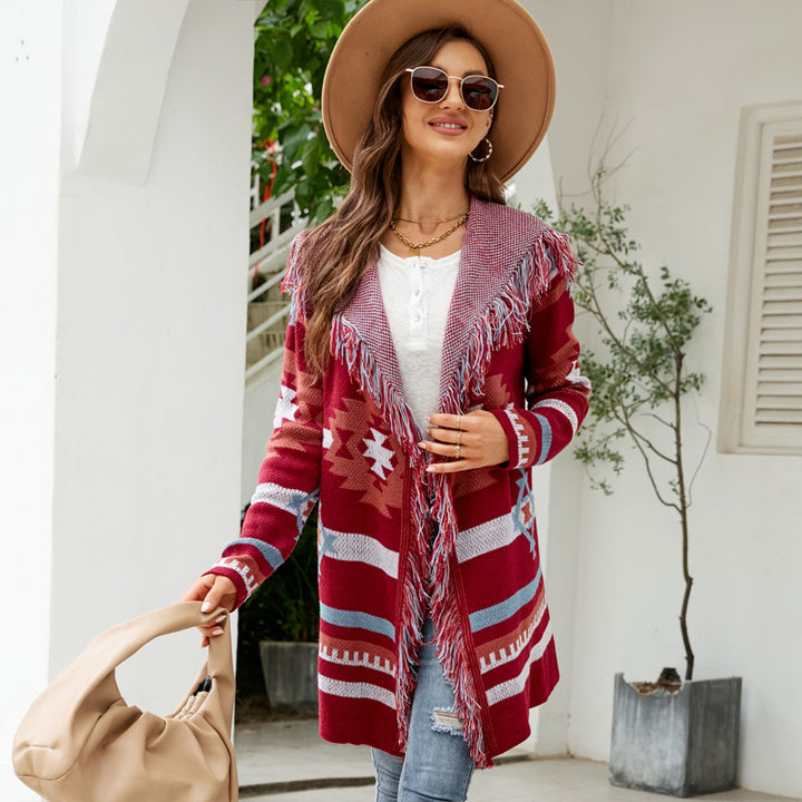 Geometric Chic & Cozy Hooded Tassell Cardigan