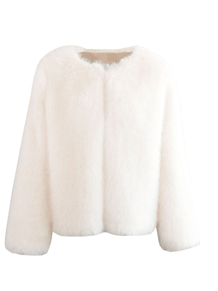 Cozy Chic Faux Fur Crew Neck Jacket with Pockets