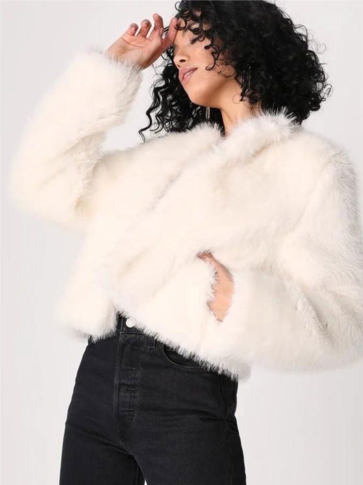 Cozy Chic Faux Fur Crew Neck Jacket with Pockets