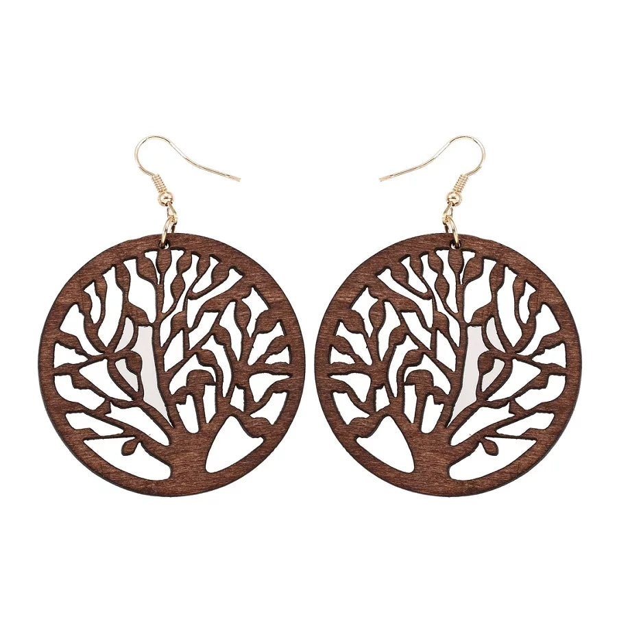 Wooden Tree of Life Earrings- Brown