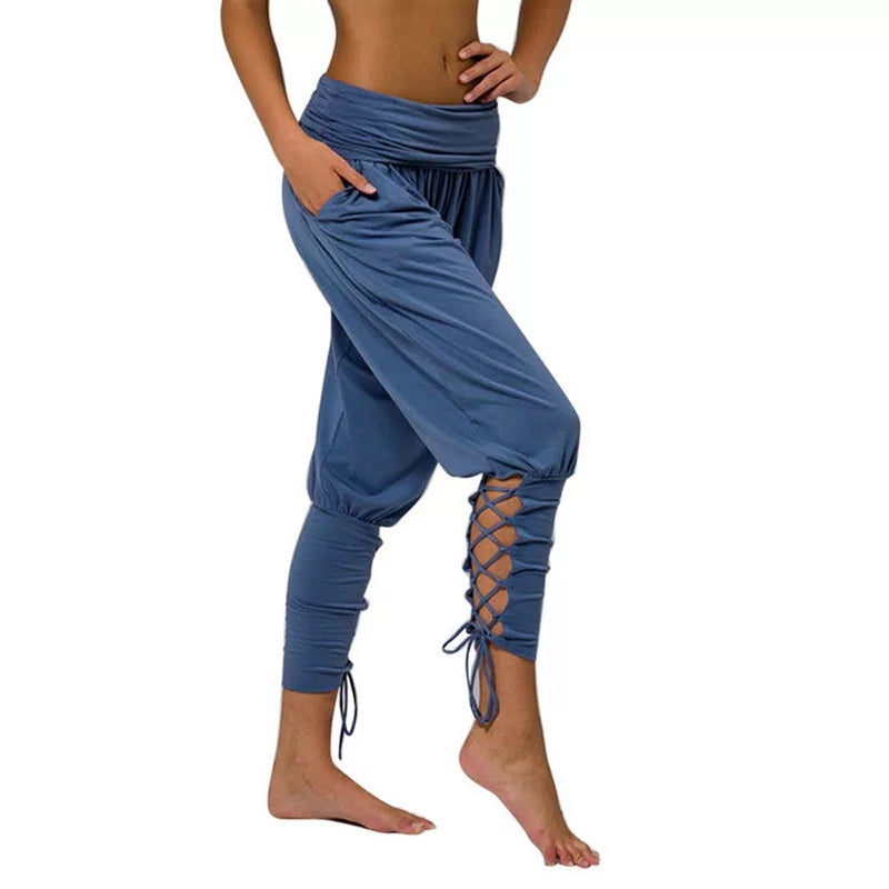 Lace up Jogger Harem Pants-Blue