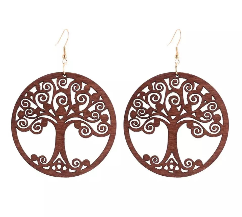 Wooden Earrings - Tree of Life - Brown